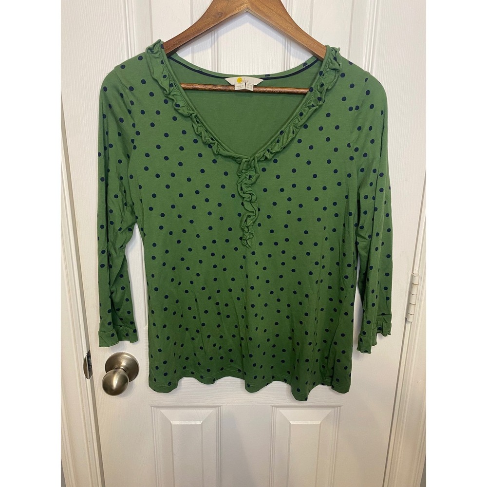 Boden Long Sleeve Top Women's Medium‎ Green Navy Polka Dot Ruffle V Neck